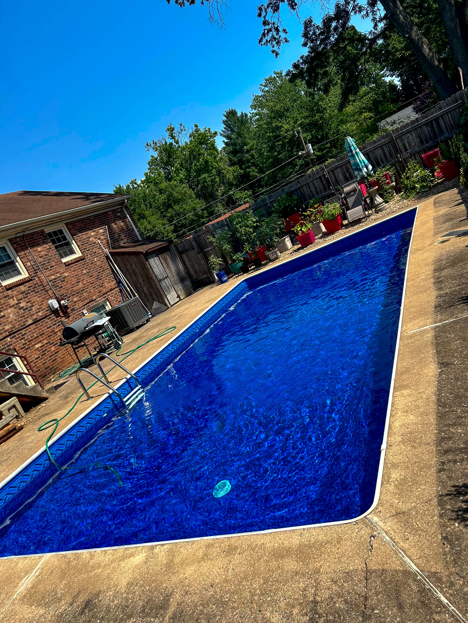 Long rectangular in‑ground pool with bright blue water, surrounded by a concrete deck, with a brick house and patio seating in the background at the home of Sponsored Residential Providers Takeyshia Gibson and Antonio Carter in Forest, Virginia.