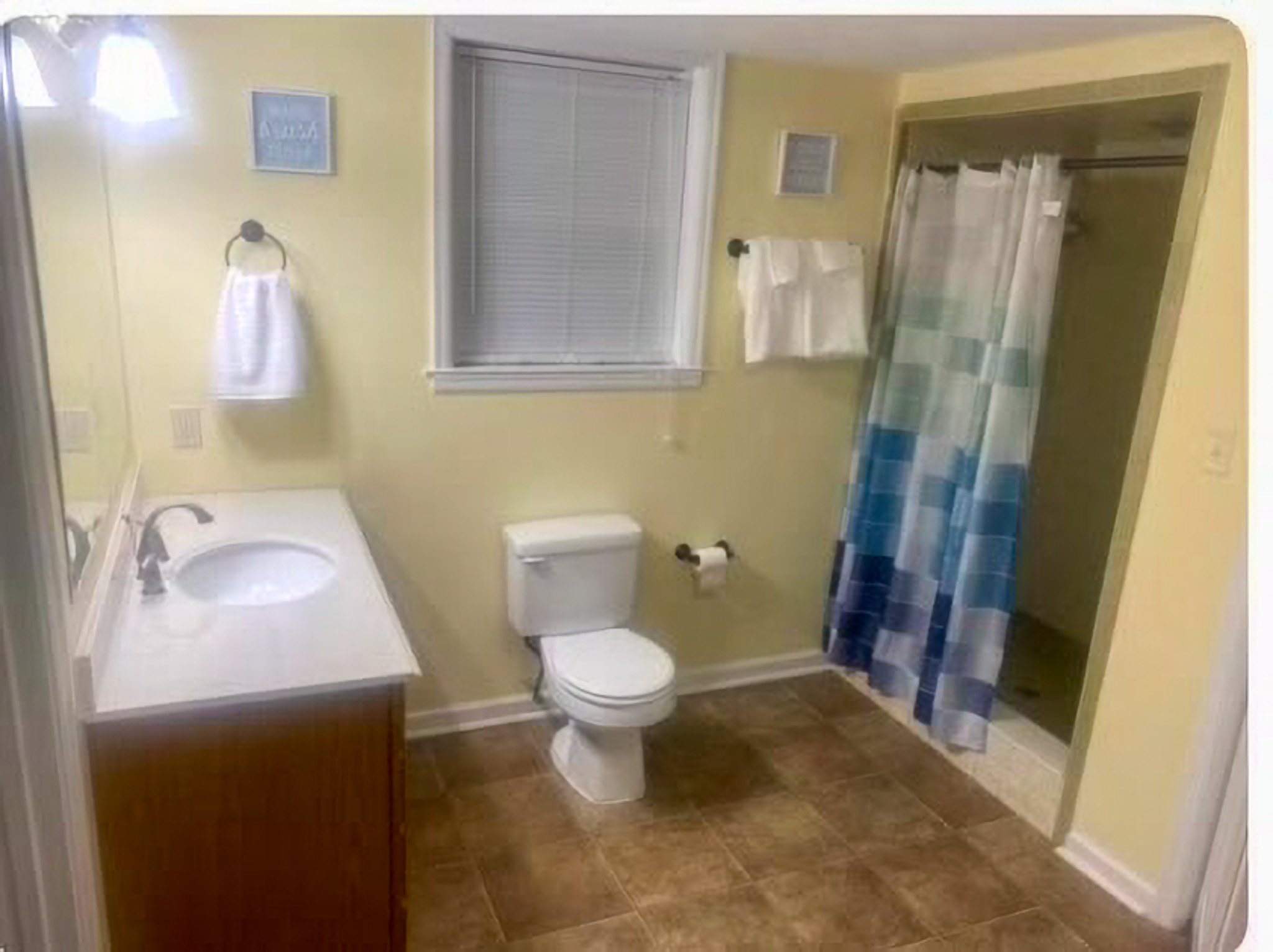 Bathroom with a single-sink vanity on the left, a toilet under a window, and a shower with a blue ombre curtain on the right inside the home of Sponsored Residential Providers Takeyshia Gibson and Antonio Carter in Forest, Virginia.