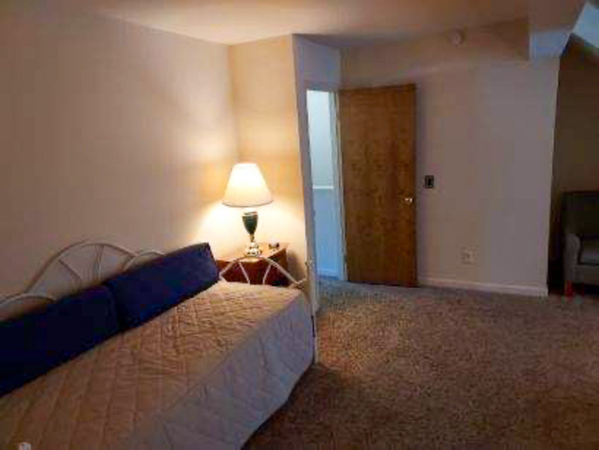 Bedroom with a daybed, a side table with a lamp, beige carpet, and a wooden door leading to a hallway inside the home of Sponsored Residential Provider David Wilcox in Harrisonburg, Virginia.