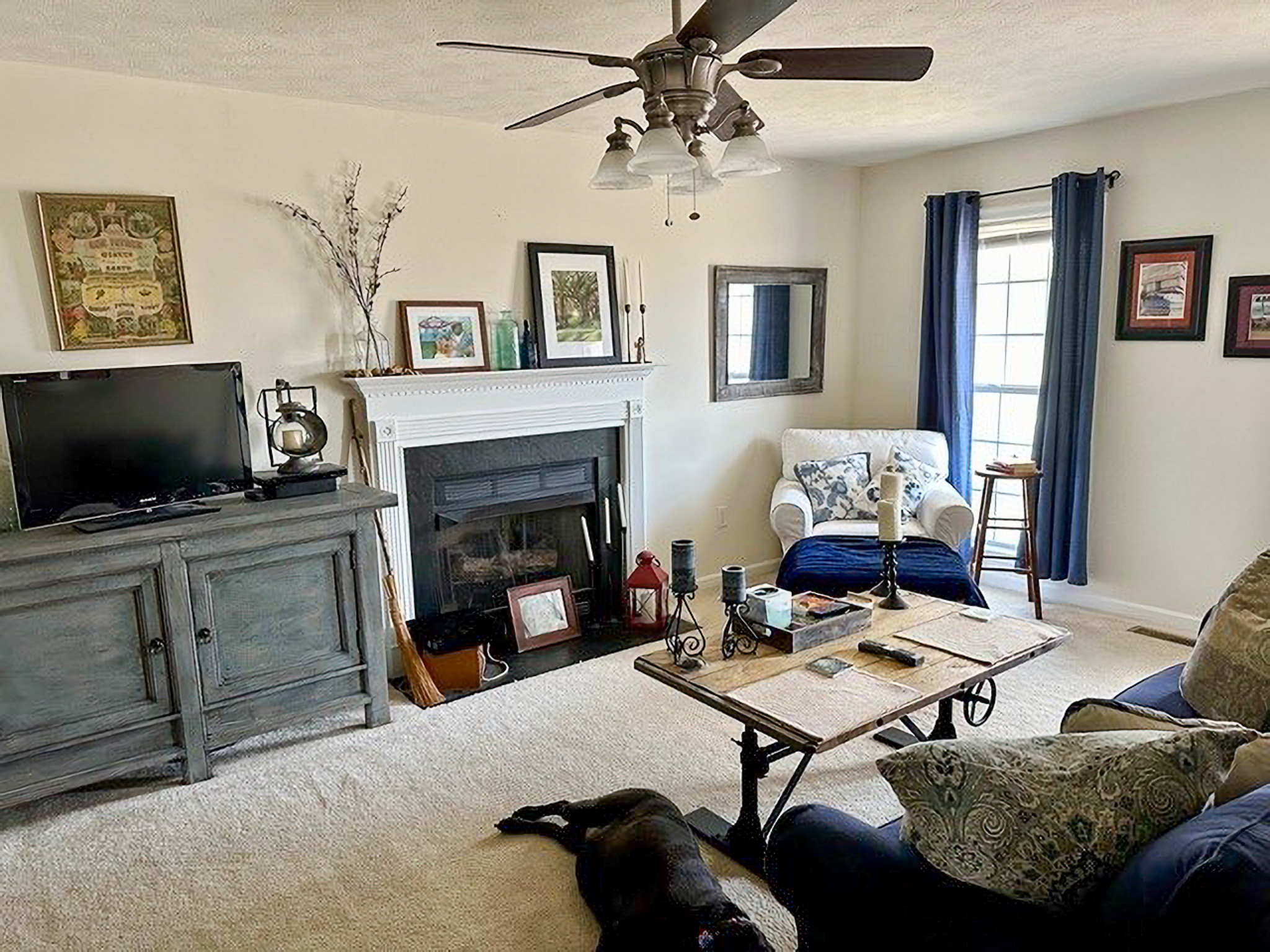 Cozy living room with a fireplace, TV cabinet, armchair, coffee table, and a dog lying on the carpet inside the home of Sponsored Residential Providers Nancy and Zach Kaplan in Waynesboro, Virginia.