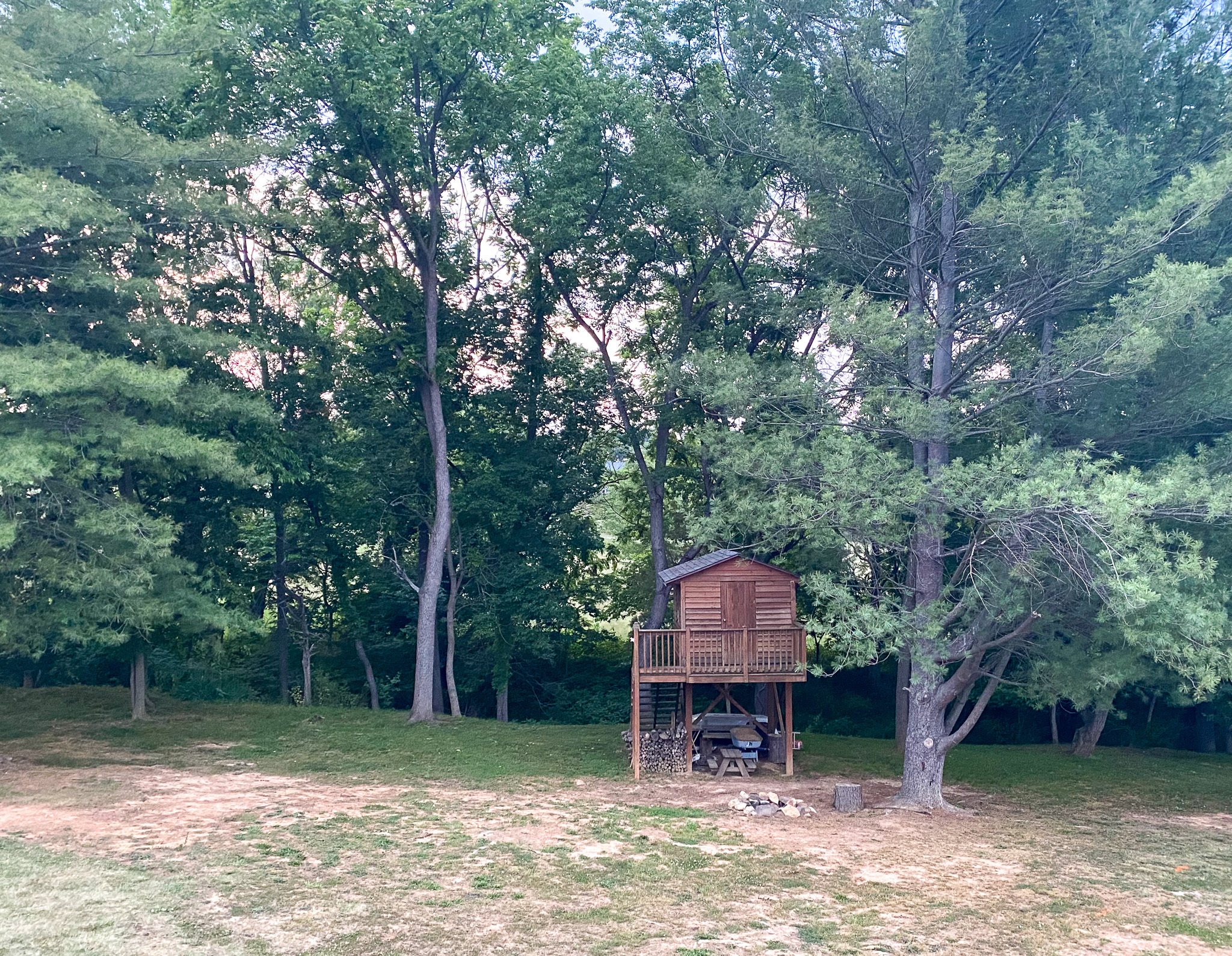 Wooden treehouse-style structure under tall trees at the edge of a grassy yard, with dense woods in the background outside the home of Sponsored Residential Providers Karen and Rob Robertson in Verona, Virginia.
