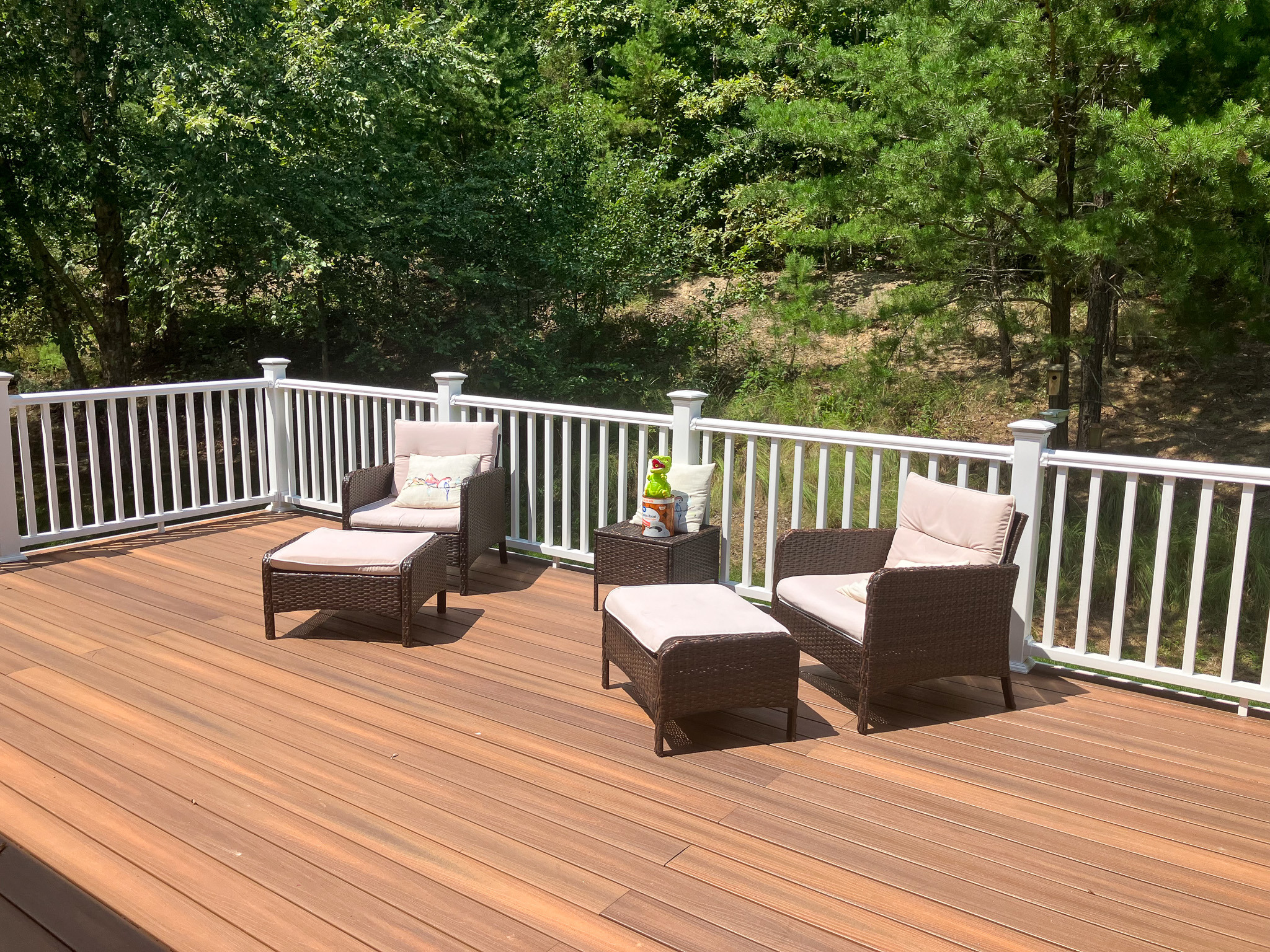 Spacious wooden deck with cushioned outdoor seating overlooking a wooded backyard belonging to the Agency operated group home named Deep Creek in Fredericksburg, Virginia.