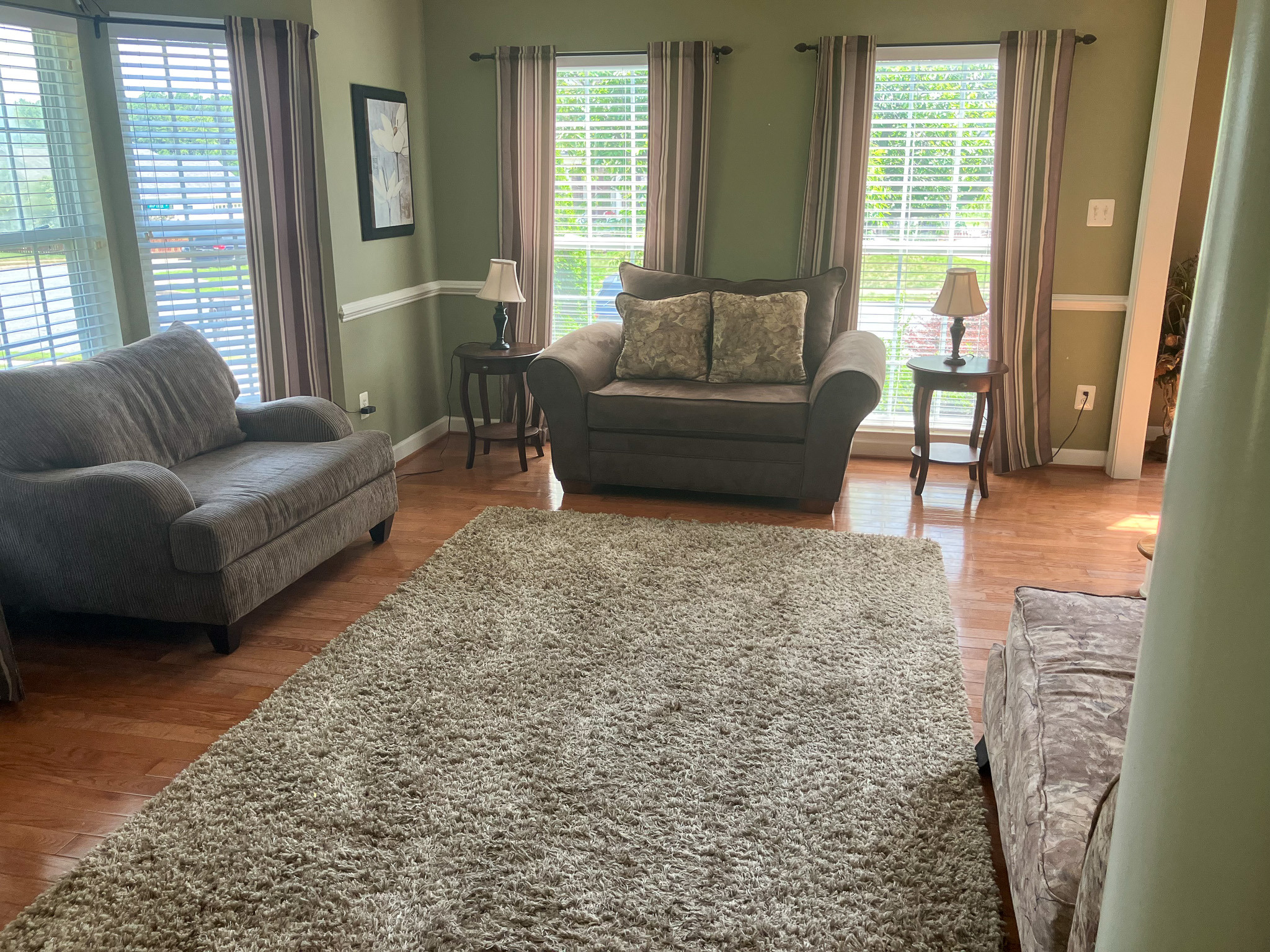 Bright living room with large windows, plush rug, and two armchairs with side tables and lamp belonging to the Agency operated group home named Deep Creek in Fredericksburg, Virginia.