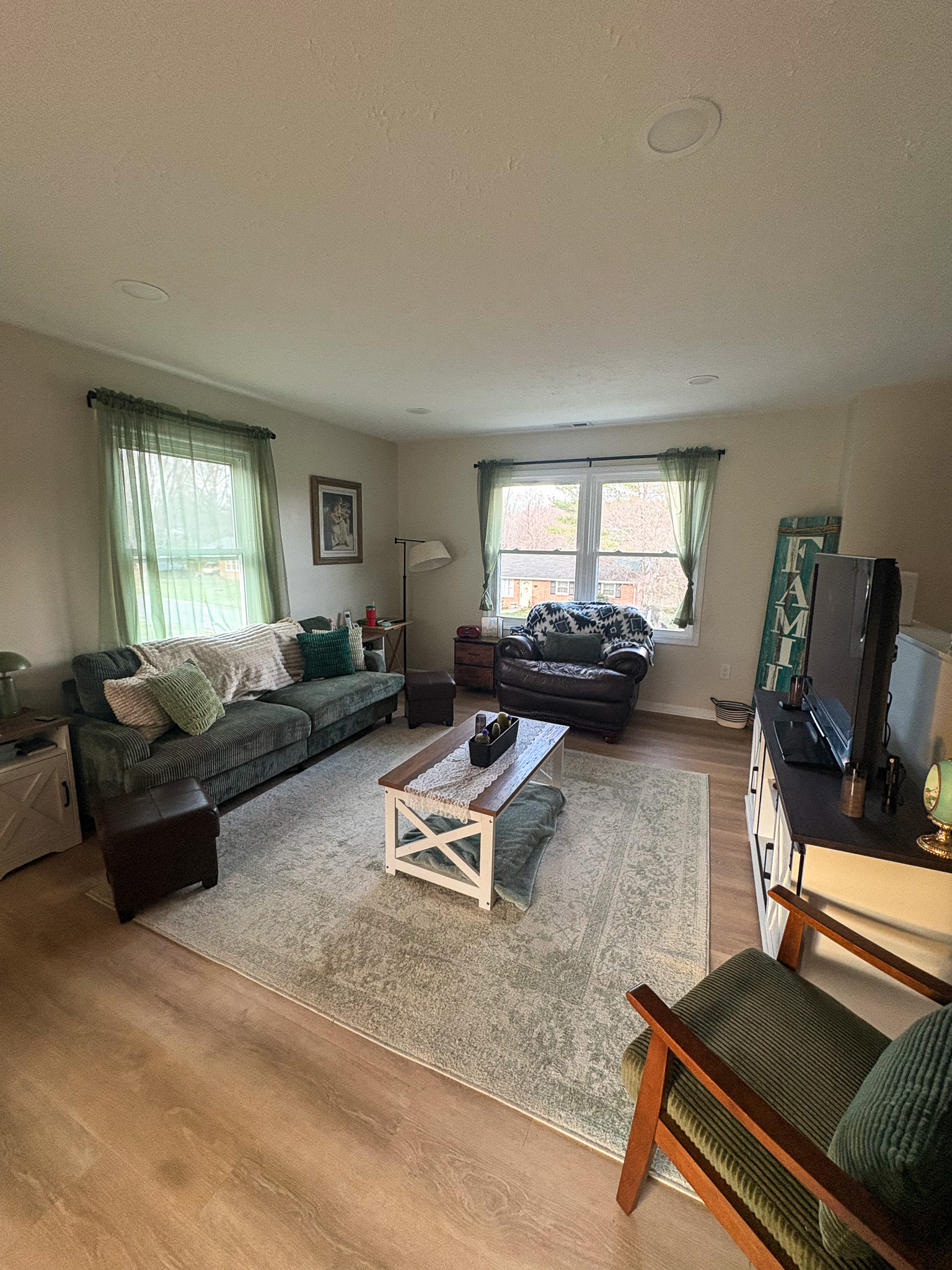 Cozy living room with sofas, armchair, coffee table, area rug, TV stand, and large windows with green curtains inside the home of sponsored Residential Provider Destiny Branscome in New River Valley, VA.