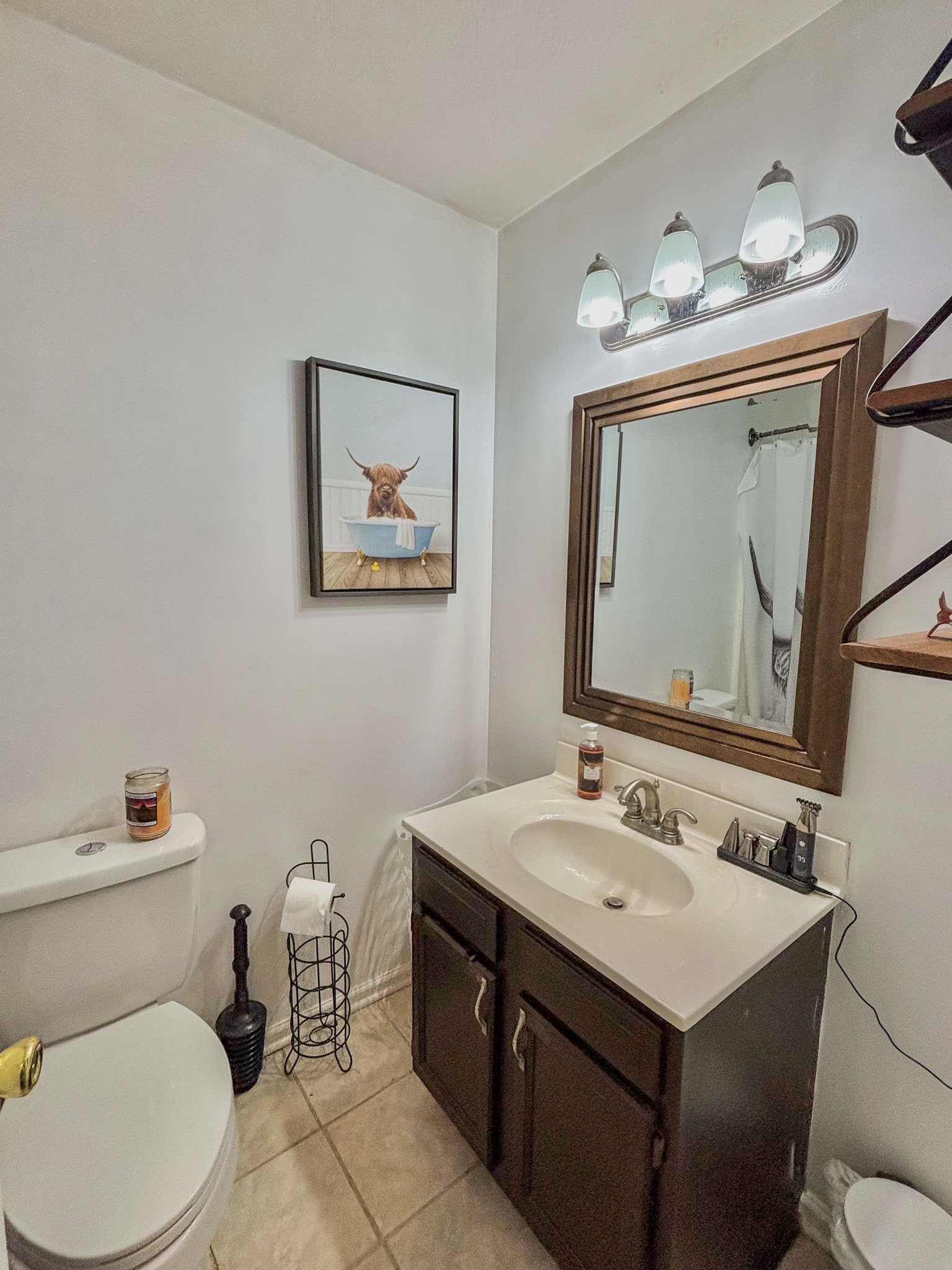 Small bathroom with vanity sink, mirror, toilet, tiled floor, and wall art inside the home of Sponsored Residential Provider Lana Cyzicks in Staunton, Virginia.