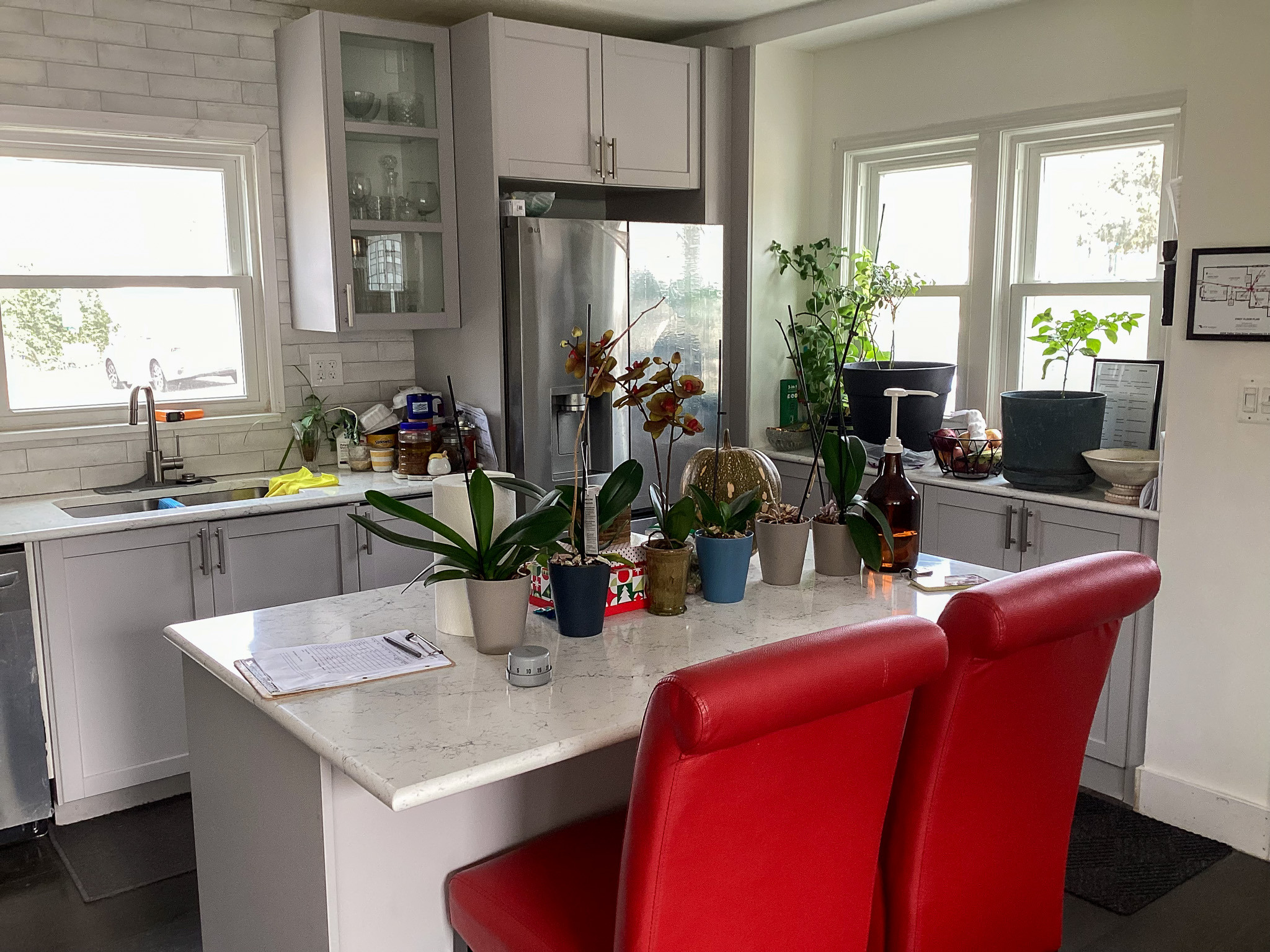 Bright kitchen with white cabinets, stainless steel refrigerator, a central island covered in potted plants, and two red stools inside the home of Sponsored Residential Provider Eglee Escorihuela.