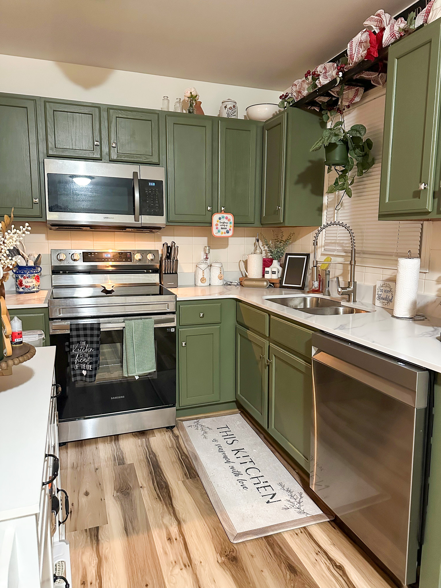 Kitchen with green cabinets, stainless steel appliances, white countertops, a double sink, and wood-look flooring, with decor displayed on upper shelves inside the home of  Sponsored Residential Provider Gabrielle Straway in Grottoes, Virginia.