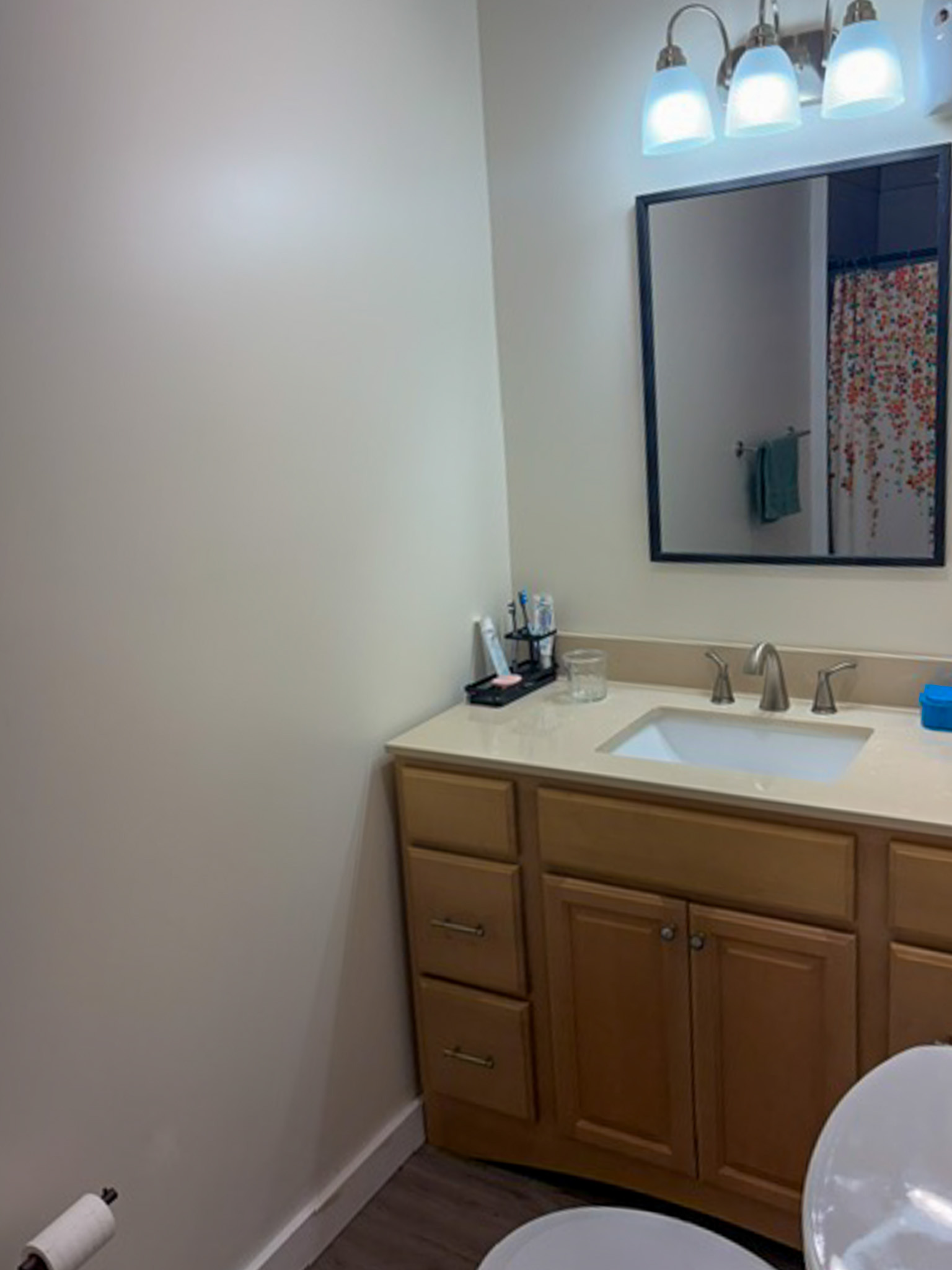 Bathroom with a light wood vanity, white countertop sink, framed mirror, and three-light fixture above. A toilet is partially visible beside the vanity, and a colorful shower curtain is reflected in the mirror inside the home of Group Home Provider Luke Haynes in Christiansburg, VA.