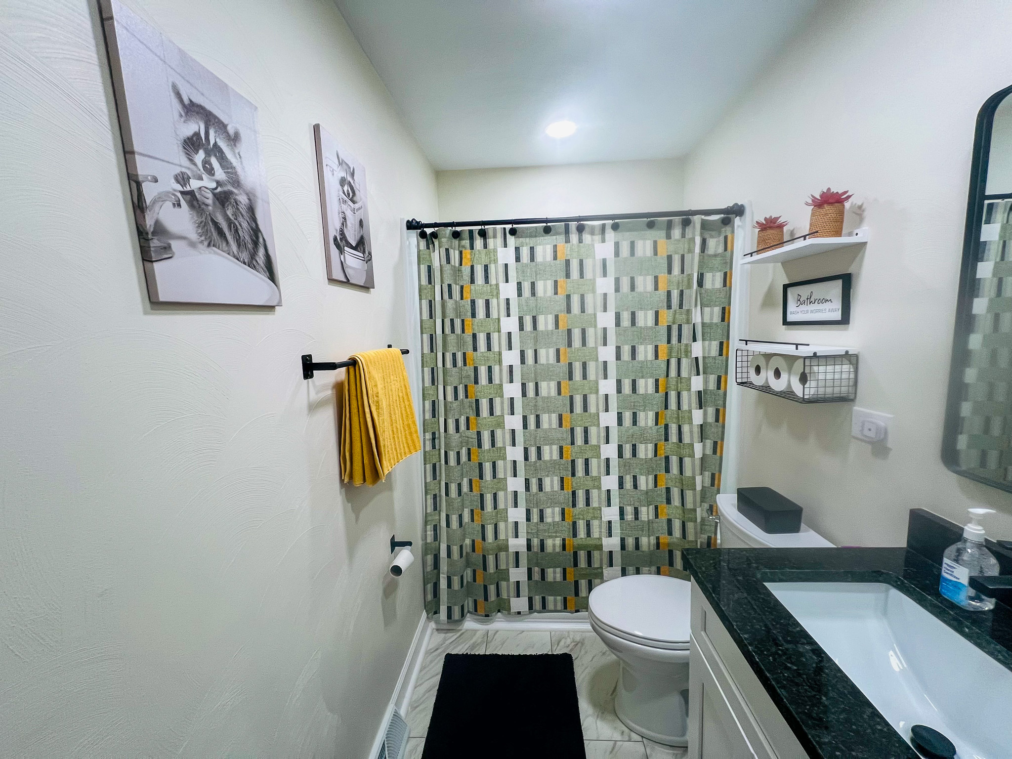 A small bathroom with a patterned shower curtain, vanity, and toilet inside the home of sponsored residential provider Regina Hill in Roanoke, Virginia.