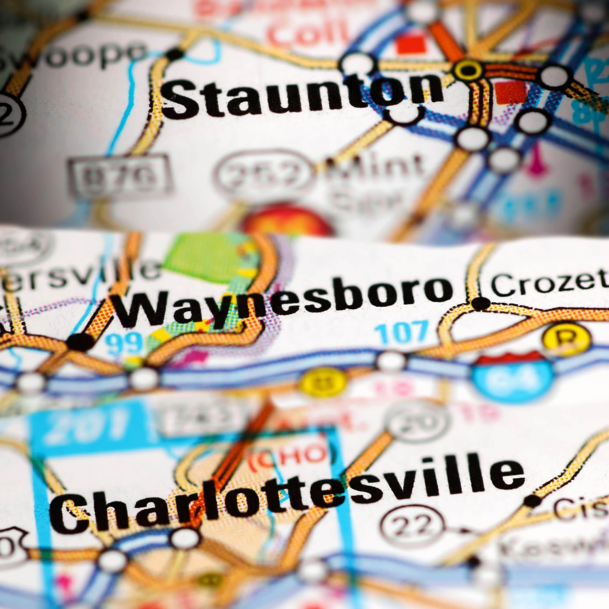 A map of the cities of Staunton, Waynesboro, and Charlottesville.