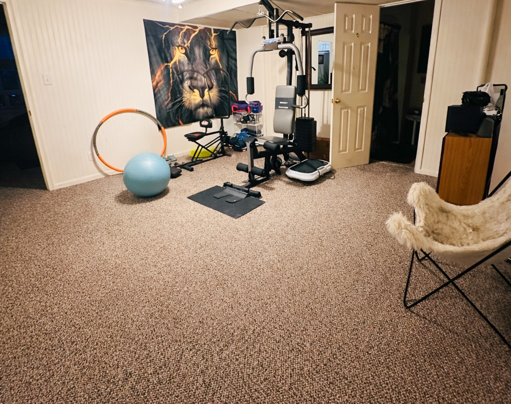 Carpeted home gym with exercise machine, yoga ball, resistance equipment, and a wall poster of a lion inside the home of Sponsored Residential Provider Tarnisha Bradshaw in Fredericksburg, Virginia.
