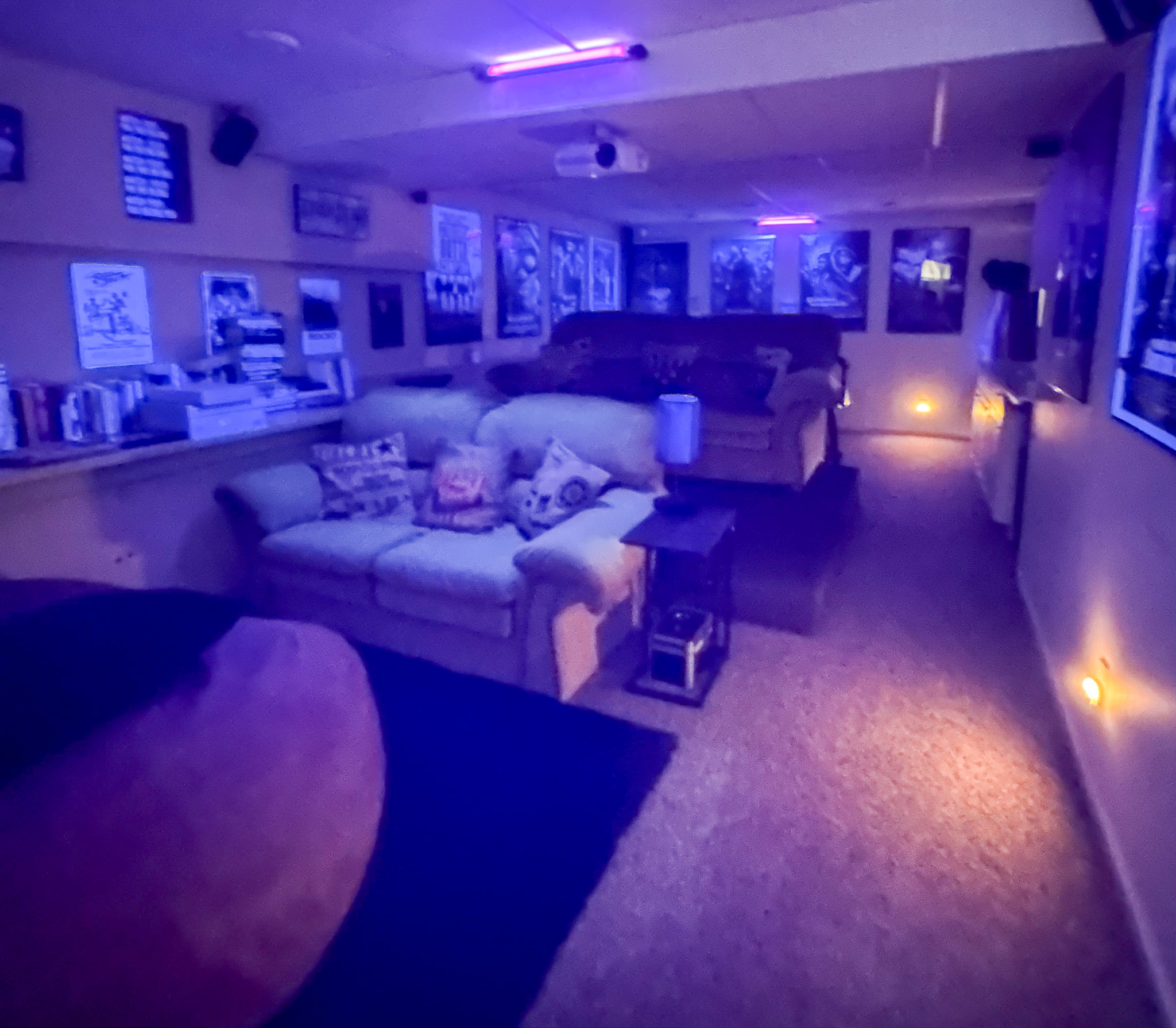 A dimly lit entertainment room with purple ambient lights, multiple couches, wall posters, and a large screen at the far end inside the home of Sponsored Residential Provider Tarnisha Bradshaw in Fredericksburg, Virginia.