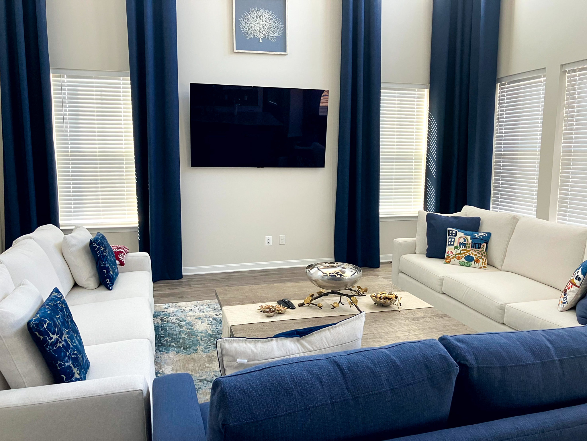 Modern living room with white and blue sofas arranged around a low coffee table, a large wall-mounted TV, tall blue curtains, and bright windows inside the home of Sponsored Residential Provider Homaira Yazdani in Fredericksburg, Virginia.