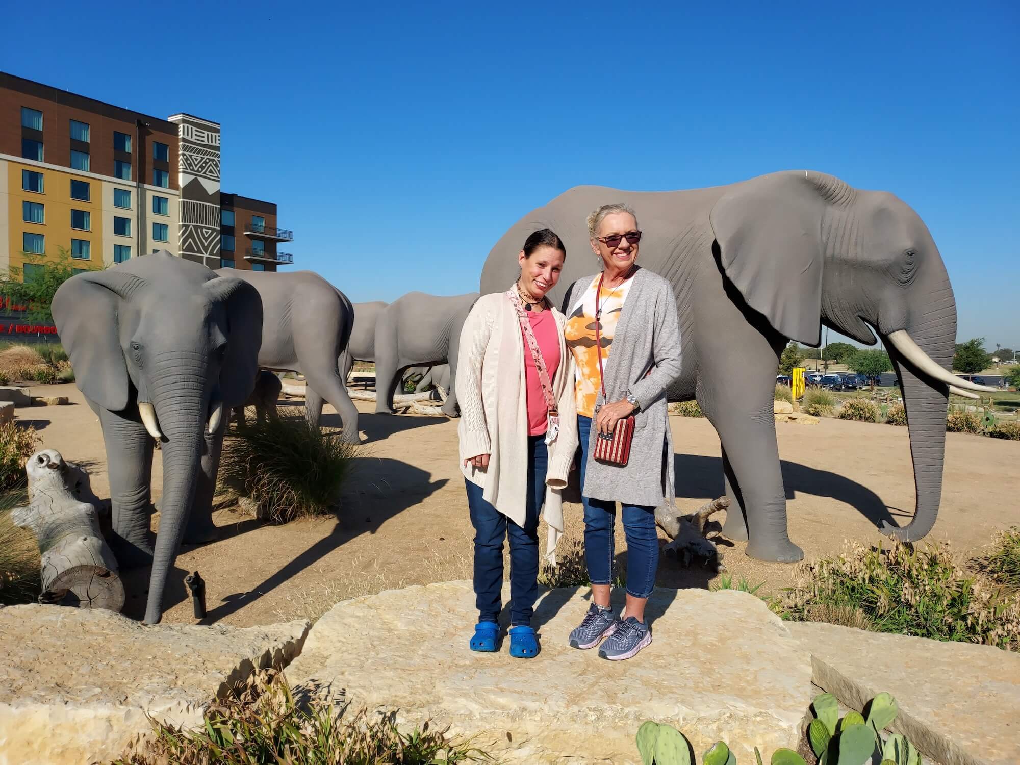 Two women pose on a rock platform  in front of elephants