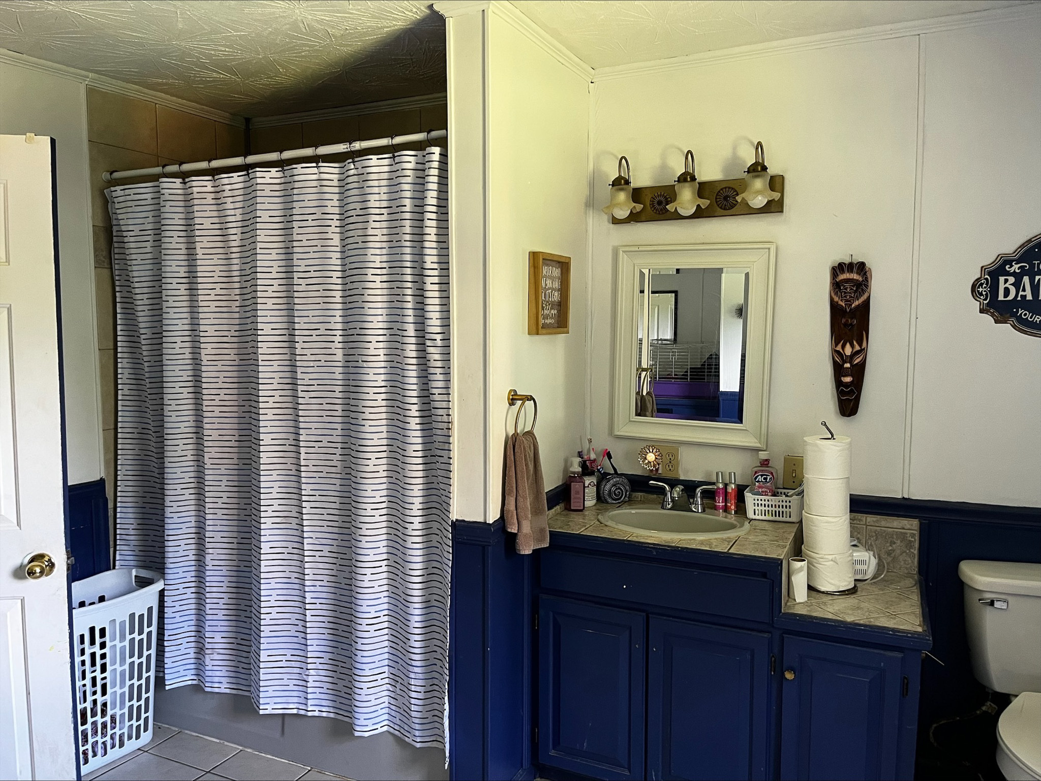 Bathroom with blue lower cabinets, a vanity with mirror and wall lights, a toilet, and a shower with a patterned curtain inside the home of Sponsored Residential Provider Dara Short in Willis, Virginia.