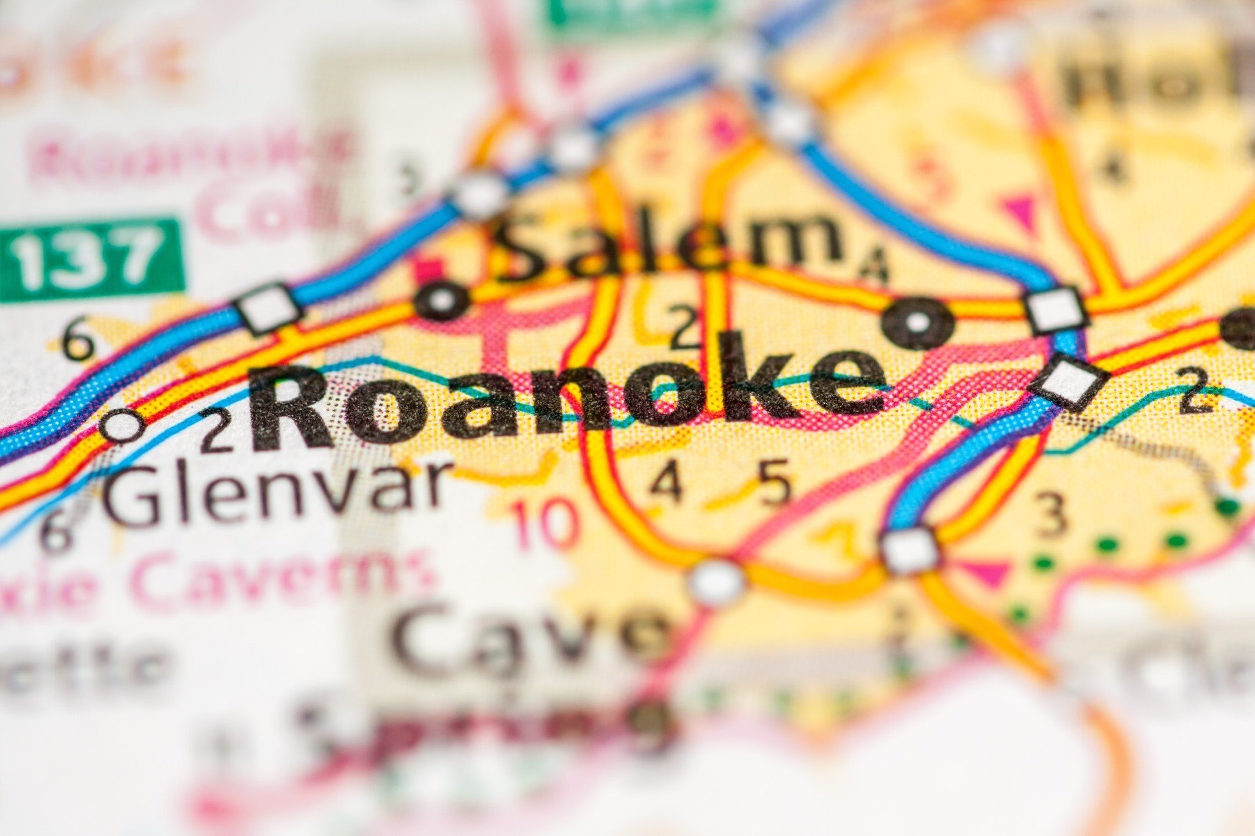 The city of Roanoke shown on a map